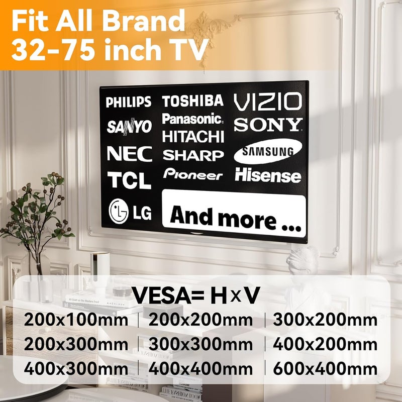 EZISE Studless TV Wall Mount for 32-75 inch TVs, No Stud Drywall TV Bracket Holds up to 150 lbs, Low Profile, No Drill, Easy to Install for Bedroom Living Room, Bubble Level Included - Image 2